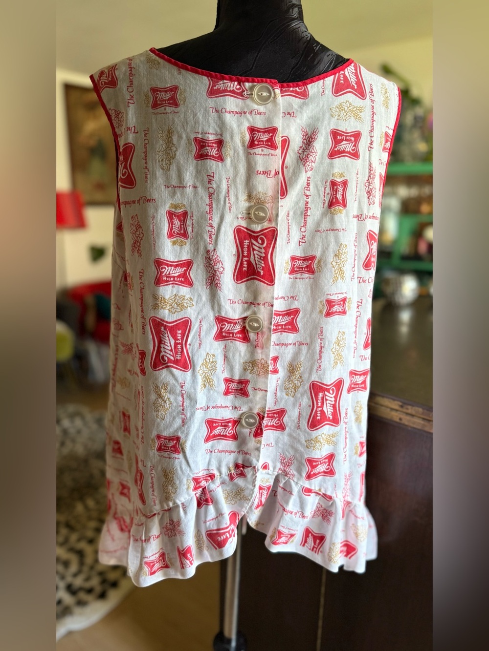 Vintage Miller Beer Print Apron Dress Pinafore  in White and Red - Picture 3 of 6